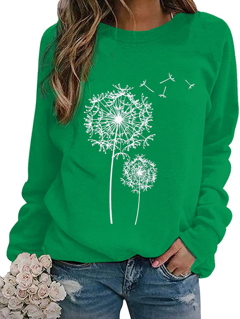 BANGELY Womens Dandelion Sweatshirt Casual Crewneck Loose Pullover Tops Long Sleeve Graphic Tee Shirt (Green, Medium)