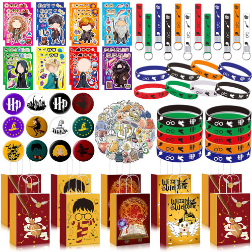 Magical Wizard Party Favors Set-110 Pcs Wizard Harry Gifts Bags Magical Party Bags, Badge, Sticker, Wristbands, Keychain, Diy Sticker Wizard Theme Party Supplies for Birthday Party Decorations.