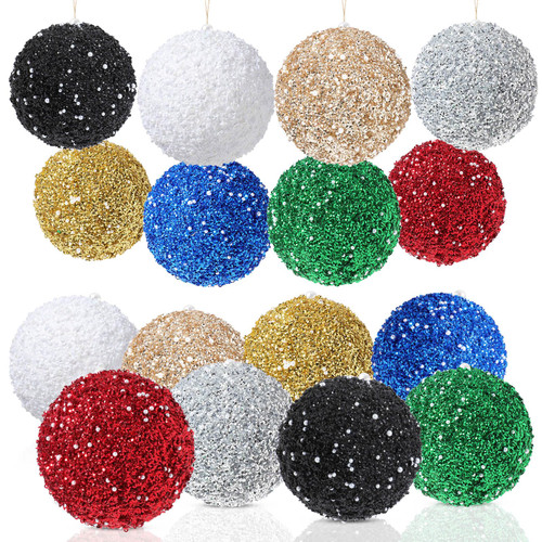 Liliful 16 Pcs Christmas Ball Ornaments Christmas Decorations Tree Balls Christmas Tree Ornaments Glitter Sequin Foam Ball Hanging Balls for Xmas Trees Wedding Holiday Party Decorations (3.15 Inch)