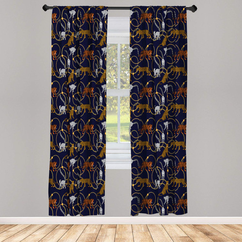 Ambesonne Lemur Curtains, Exotic Tiger Leopard Madagascar Monkey Chains Abstract Repeating Pattern, Window Treatments 2 Panel Set for Living Room Bedroom, Pair of - 28" x 63", Apricot Dark Navy Blue