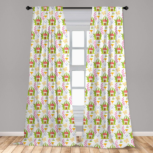 Ambesonne Mushroom Window Curtains, Spring Forest Toadstool House Pattern Fictional Image Art, Lightweight Decor 2-Panel Set with Rod Pocket, Pair of - 28" x 63", Multicolor