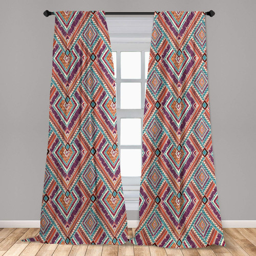 Ambesonne Tribal Window Curtains, Retro Diagonal Ethno Pattern with Geometric Shapes Art, Lightweight Decor 2-Panel Set with Rod Pocket, Pair of - 28" x 63", Purple Teal