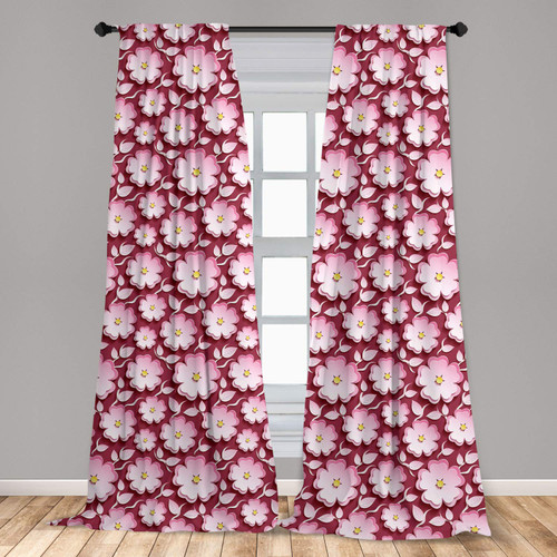 Ambesonne Floral Curtains, Macro Flower Petal of Japanese Cherry Blossom Sakura Tree Spring Theme, Window Treatments 2 Panel Set for Living Room Bedroom, Pair of - 28" x 63", Pale Pink Maroon Yellow