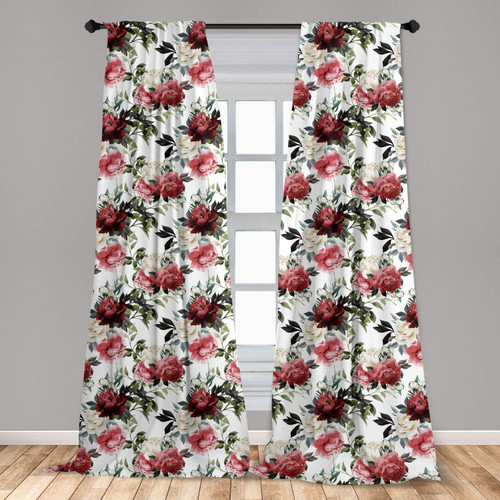 Ambesonne Shabby Flora Window Curtains, Country Style Floral Flower Roses Watercolor Image Art, Lightweight Decor 2-Panel Set with Rod Pocket, Pair of - 28" x 63", Dark Coral Maroon