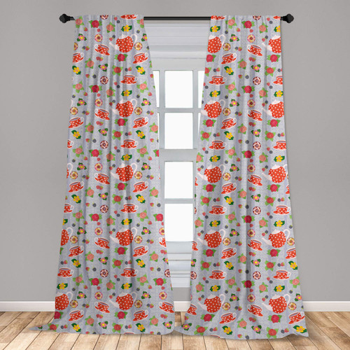 Ambesonne Cartoon Curtains, Cartoon Like Tea Pots with Retro Polka Dots in Orange Colored Flowers Art Print, Window Treatments 2 Panel Set for Living Room Bedroom, Pair of - 28" x 63", Multicolor