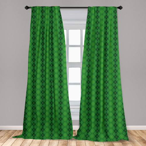 Ambesonne Irish Window Curtains, Antique Tartan Inspired Symmetrical Checkered Diamond Line Plaid Fashion, Lightweight Decor 2-Panel Set with Rod Pocket, Pair of - 28" x 63", Green Dark Green Yellow