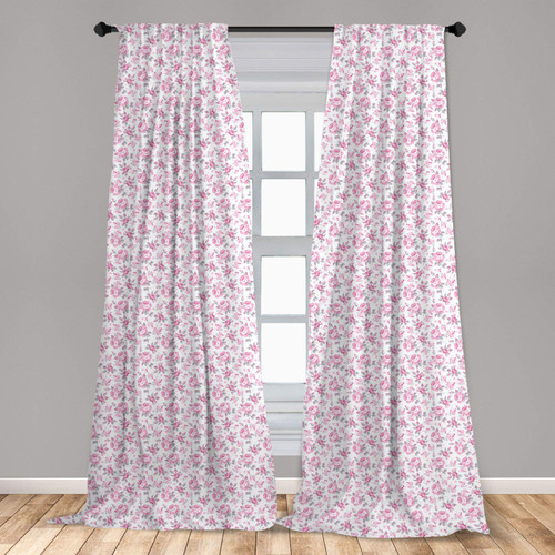 Ambesonne Shabby Flora Window Curtains, Pastel Roses Grey Leaves Garden Bedding Plants Spring Blossoms, Lightweight Decor 2-Panel Set with Rod Pocket, Pair of - 28" x 63", Pale Pink White Grey
