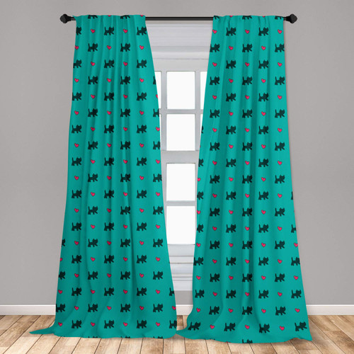 Ambesonne Teal Curtains, Kittens Pink Hearts Animal Design with Valentines Inspirations, Window Treatments 2 Panel Set for Living Room Bedroom, Pair of - 28" x 63", Blue Teal