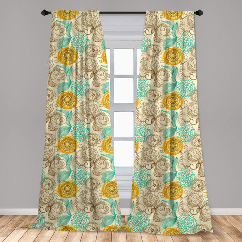 Ambesonne Floral Curtains, Old Fashioned Composition with Abstract Carnations Lines Leaves, Window Treatments 2 Panel Set for Living Room Bedroom, Pair of - 28" x 63", Tan Turquoise Marigold