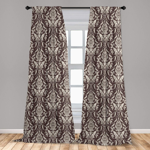 Ambesonne Damask Window Curtains, Wildflowers with Symmetric Leaves Vintage Arrangement Curls and Swirls Design, Lightweight Decor 2-Panel Set with Rod Pocket, Pair of - 28" x 63", Brown Cream