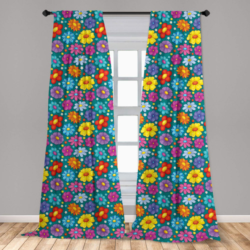 Ambesonne Flower Window Curtains, Flowering Spring Freshness Playroom Daisy Peony Lily Petals, Lightweight Decor 2-Panel Set with Rod Pocket, Pair of - 28" x 63", Multicolor