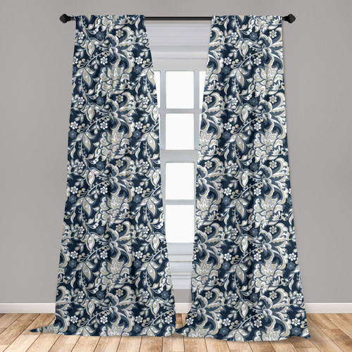 Ambesonne East Window Curtains, Floral Illustration Oriental Eastern Style with Traditional Influences, Lightweight Decor 2-Panel Set with Rod Pocket, Pair of - 28" x 63", Blue Grey
