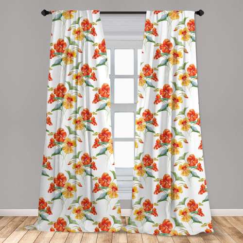Ambesonne Green and Orange Window Curtains, Watercolor Nasturtium Flowers Pattern with Colorful Blooming Nature Design, Lightweight Decor 2-Panel Set with Rod Pocket, Pair of - 28" x 63", Multicolor