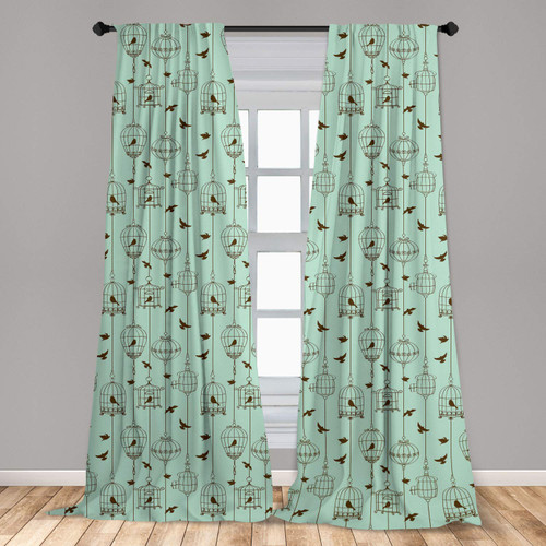 Ambesonne Vintage Window Curtains, Pattern Birds and Cages Illustration Freedom Escape Art, Lightweight Decor 2-Panel Set with Rod Pocket, Pair of - 28" x 63", Green Brown