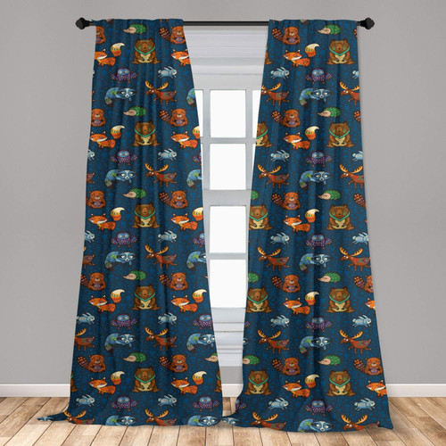 Ambesonne Woodland Window Curtains, Animals from Jungles of with Colorful Motifs on Dark Toned Backdrop, Lightweight Decor 2-Panel Set with Rod Pocket, Pair of - 28" x 63", Multicolor