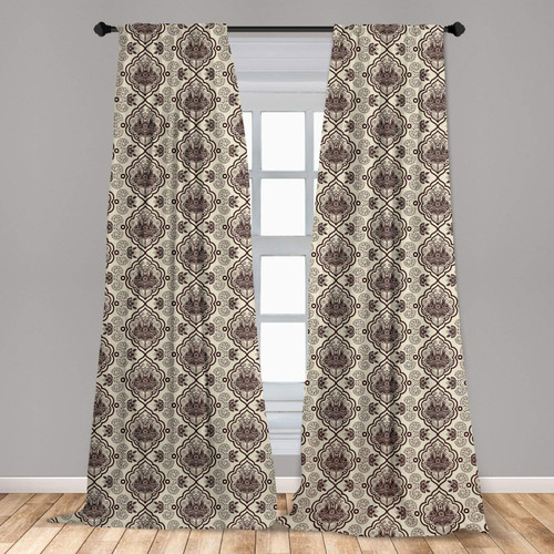 Ambesonne Damask Window Curtains, Abstract Flourish Curvy Frames and Swirly Motifs Exotic Lotus Ornament, Lightweight Decor 2-Panel Set with Rod Pocket, Pair of - 28" x 63", Chestnut Brown and Beige
