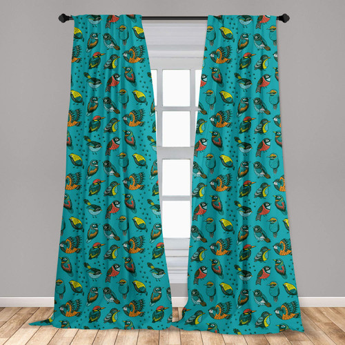 Ambesonne Birds Window Curtains, Roosting Eastern Sparrow and Flying American Goldfinch with Tiny Bird Foot Prints, Lightweight Decor 2-Panel Set with Rod Pocket, Pair of - 28" x 63", Multicolor
