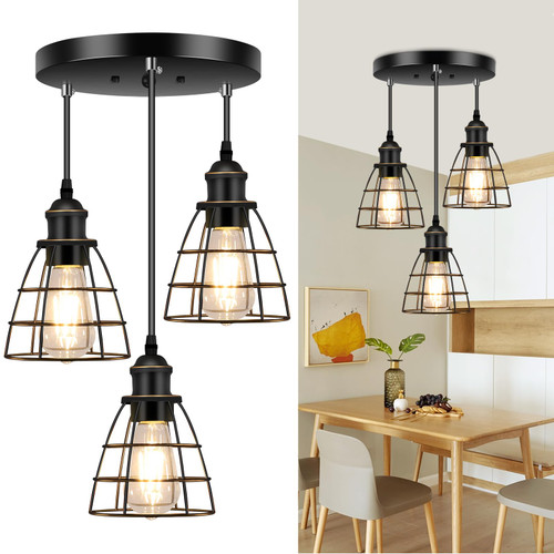 Licperron Industrial Pendant Light Fixtures, 3-Light Adjustable Kitchen Hanging Ceiling Light with Metal Cage, Black Farmhouse Pendant Lighting for Kitchen Island Dining Room Hallway, E26 Base UL List