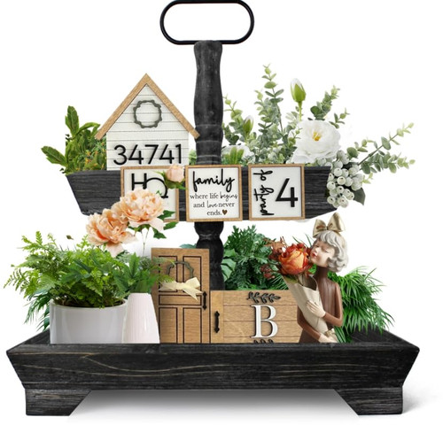 Tiered Tray Decor 2 Tier Wooden Tray Stand Decorative Serving with Metal Handle Farmhouse Two Tiered Tray-Rustic Rectangular Tiered Tray Tiered for Kitchen Table Decor Serving Tier Tray Decoration
