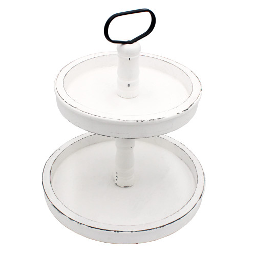Rustic Decorative Two Tiered Tray,Farmhouse 2-Tier Serving Tray with Metal Handle (Rustic White)