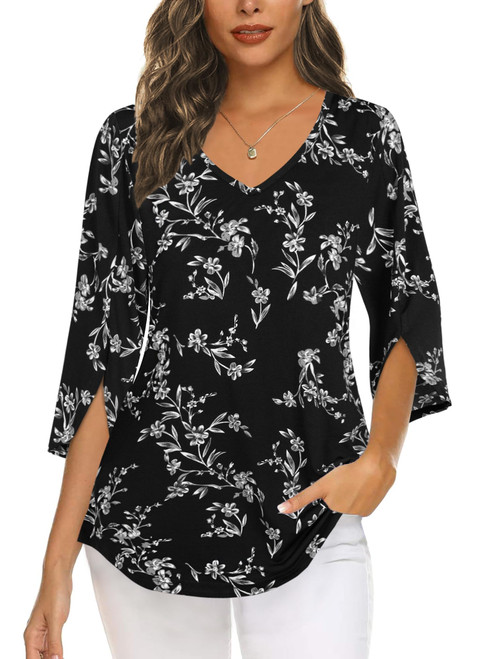 Tencole Womens Tops Dressy Casual,3/4 Sleeve Shirts for Women V Neck Tunic Tops to Wear with Leggings Floral Womens Blouses Business Casual Modlily Tops Ladies Flowy Petite Shirts Work Wear Black L
