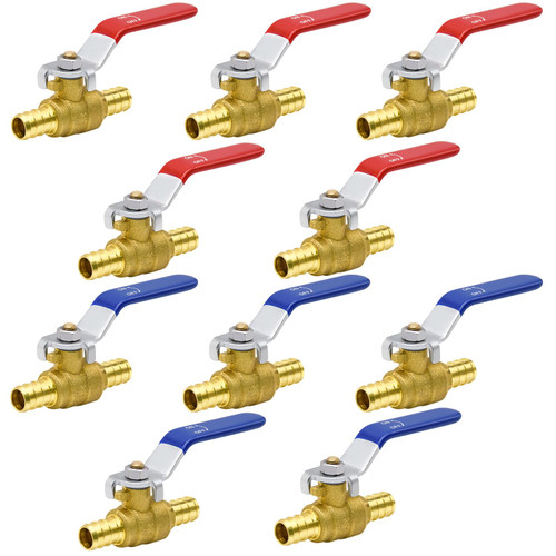 4/10/20pcs PEX Ball Valves, 1/2in / 3/4in PEX Brass Full Port Shut Off Ball Valve, PEX Brass Full Port Shut-off Ball Valve, Quarter Turn HOT (RED) COLD (BLUE) of Water Stop Shut off (1/2in, 10pcs)