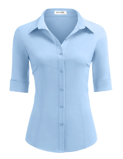 HOTOUCH Dress Shirts for Women Business Casual 3/4 Sleeve Button Up Work Shirt Collared Blouses (Clear Blue L) HOTOUCH Dress Shirts for Women Business Casual 3/4 Sleeve Button Up Work Shirt Collared Blouses (Clear Blue L)