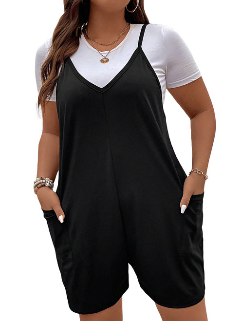 SOLY HUX Women's Plus Size V Neck Overall Jumpsuit Sleeveless Summer Shorts Romper with Pockets Plain Black 3XL SOLY HUX Women's Plus Size V Neck Overall Jumpsuit Sleeveless Summer Shorts Romper with Pockets Plain Black 3XL