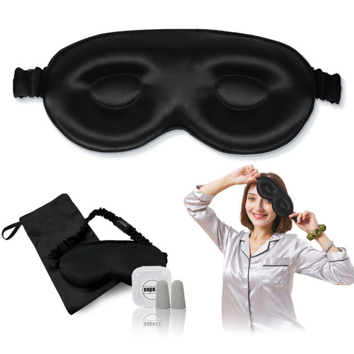 Sleep Mask 100% Mulberry Silk Sleeping Mask, 3D Eye Mask with Adjustable for Women,Silk Eye Sleep Mask with Travel Bag, Noise Reduction Earplugs