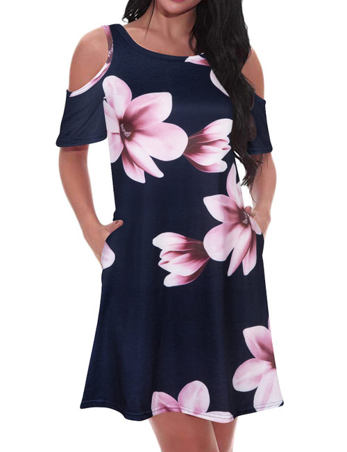 Tanst Sky Floral Dress, Juniors Tropical Swing Sun Dresses Petite Open Shoulder Sexy Shirt Dress with Pockets Casual Vacation Outfits Lightweight Round Neck Shift Navy Blue M