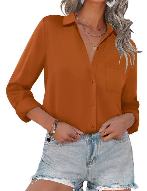 HOTOUCH Womens Fitted Button Down Collared Blouse Chiffon Shirt with Pockets Orange, X-Large, Long Sleeve