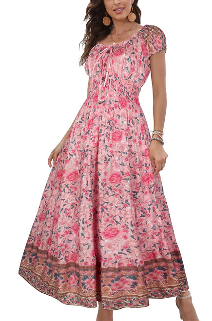 OSTOO Women's 2023 Summer Sleeveless Boho Floral Print Tiered Casual Flowy Long Maxi Dress (Pink, L)