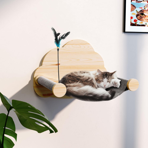 PUPETPO Cat Hammock Bed for Wall with a Cat Teaser Wall Mounted Cat Furniture Wooden Cat Perch for Sleeping, Playing, Climbing, and Lounging for Kitty & Kitten