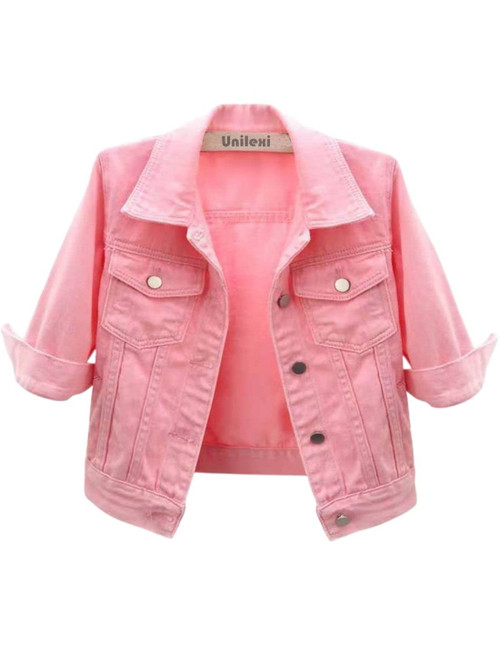 Unilexi Women's 3/4 Sleeve Colored Cropped Denim Jacket Light Wash Short Jean Jacket Trucker Coat(0096-Pink-XL)