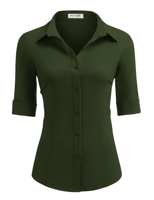 HOTOUCH Womens Button Down Dressy Business Casual Dress Shirt Army Green, XX-Large, 3/4 Sleeve