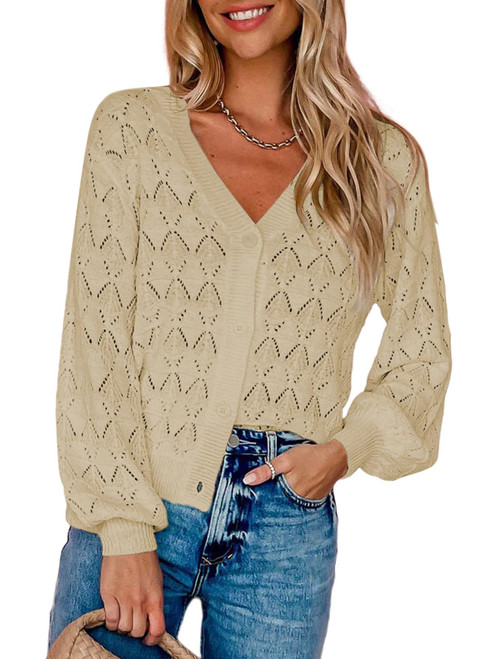 Dokotoo Women's Open Front Cropped Cardigans Casual Long Sleeve Lightweight Cardigan Sweaters Loose V Neck Hollow-Out Crochet Knit Shrug Beige Jacket X-Large