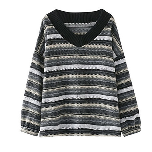 Women Striped Sweater Color Block Oversized Casual Crew Neck Knitted Long Sleeve Pullover Tops