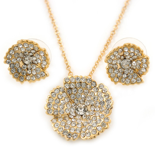 Avalaya Clear Austrian Crystal Flower Pendant With Gold Tone Chain and Stud Earrings Set - 46cm L/ 5cm Ext - Gift Boxed