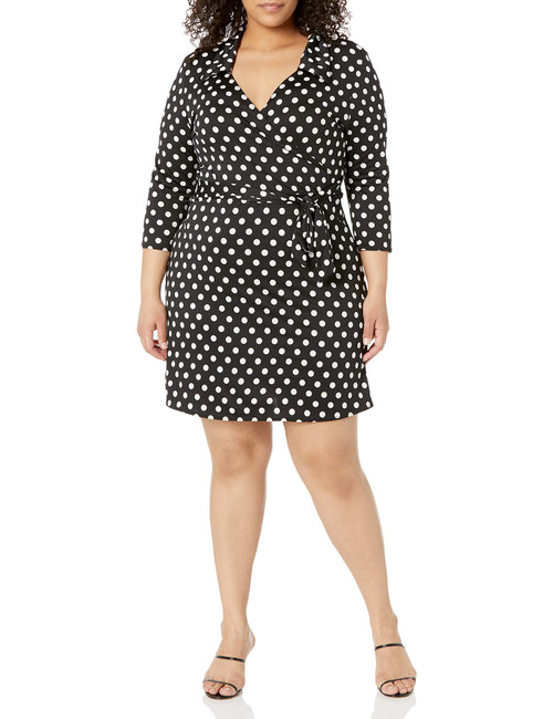 Star Vixen Women's Plus-Size 3/4 Sleeve Fauxwrap Dress, Black/White Dot, 1X
