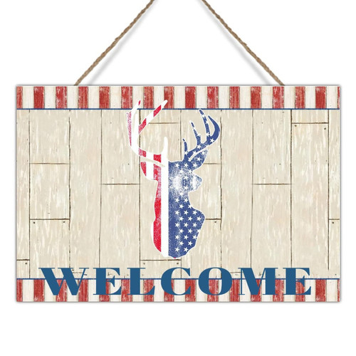 American Flag Deer 4th of July Patriotic Wooden Sign Plaque July 4th American Flag Gnomes Truck Wood Plaque Independence Day Rustic Wood Hanger Sign Decor for Laundry Room Bedroom