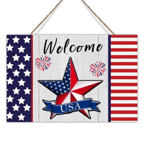 Independence Day Wall Art Decor Vintage American Flag 4th of July Star Welcome Rustic Signs Fourth of July American Flag Fireworks Wood Wall Decor Signs Decor for Laundry Room Bedroom