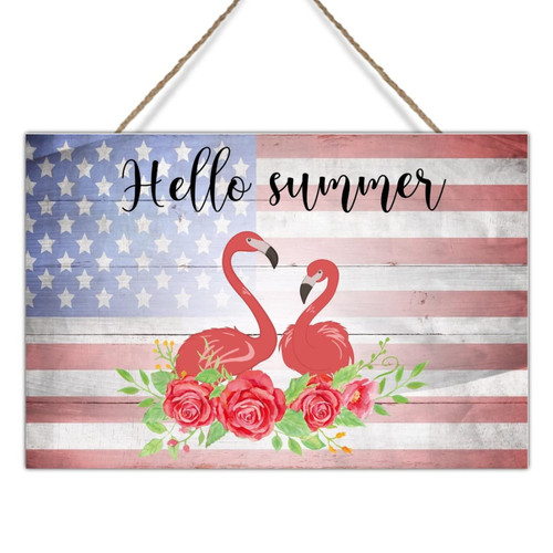 Flamingo Hello Summer Rose Floral USA Flag Wall Art Decor Fourth of July Vintage American Flag Star Wood Wall Art Independence Day Nursery Decor Wood Signs Kitchen Laundry Room Wall Decor