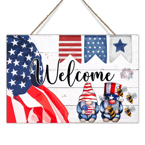 4th of July Gnome American Flag Welcome Wood Sign Happy 4th of July Fireworks Gnome Wood Sign Independence Day Vintage Rustic Wall Decor Wood Signs Kitchen Laundry Room Wall Decor