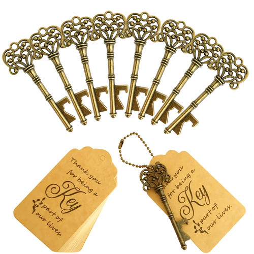 WODEGIFT 100 PCS Key Bottle Openers,Vintage Skeleton Key Bottle Opener with Escort Card Tag and Key Chains, Rustic Decoration for Wedding Favors,Engagement/Christmas/Party (Bronze)
