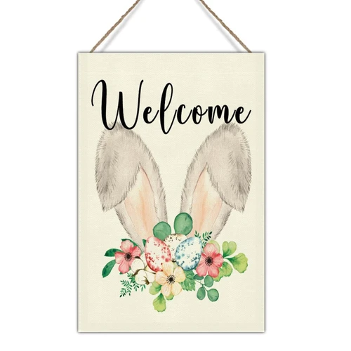 Swavecat Welcome Easter Bunny Wall Hanging Plaques Rabbit Flower Ear Easter Egg Wood Wall Art Plaque Farmhouse Easter Decor Happy Spring Wood Wall Art Sign for Laundry Room Bedroom 12x18in