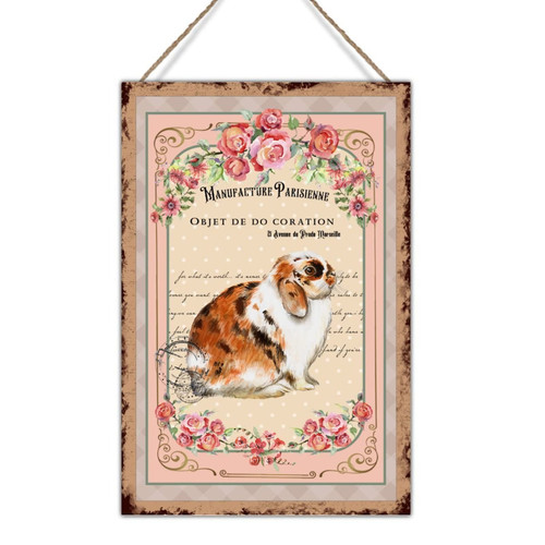 Swavecat French Vintage Style Easter Bunny Wood Sign Pink Rose Flower Wreath Rabbit Wood Plaque Bunny Rabbit Happy Easter Wood Decorations Signs Kitchen Laundry Room Wall Decor 12x18in