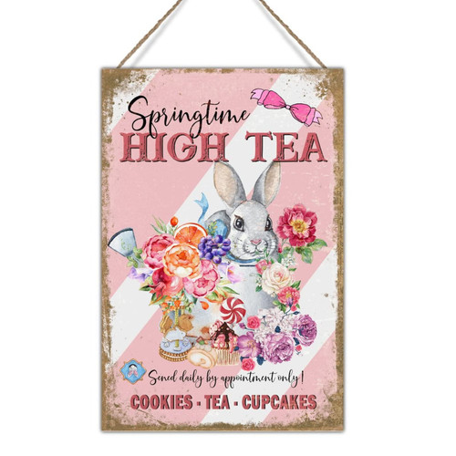 Swavecat Easter Bunny Flowers Spring Time Sign Wall Decor Pink Stripes Cookie Tea Cupcakes Hanging Sign Spring Greetings Happy Easter Signs Wall Decor for Laundry Room Bedroom 12x18in