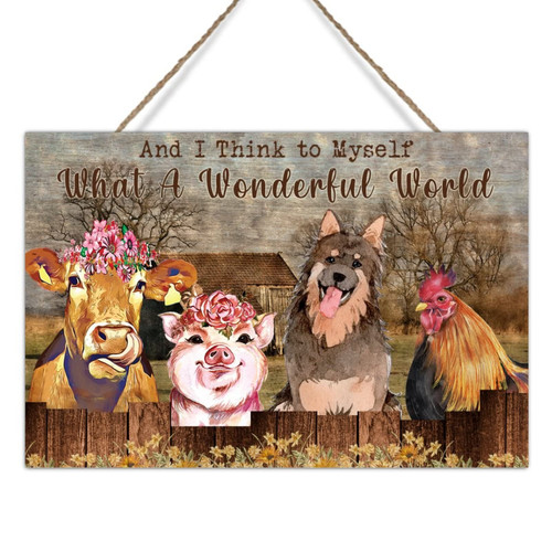 Swavecat Fall Sunflower Farm Cow Pig Rooster Dog Wood Art Plaque and I Think to Myself What A Wonderful World Wall Art Sign Chic Rustic Home Wall Art Plaques for Laundry Room Bedroom 18x12in