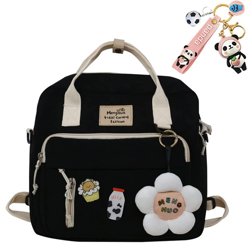 JELLYEA Kawaii Backpack for Teen Girls Tote Bag with Flower Accessories Bear Keychain Cute School Middle Elementary Bookbags (Black)