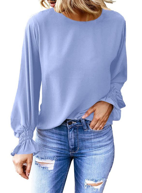 Dokotoo Womens Ladies Plus Size Spring Summer Bell Long Sleeve Tunic Tops Crewneck Chiffon Blouses for Women Business Casual Loose Shirts Sky Blue XX-Large